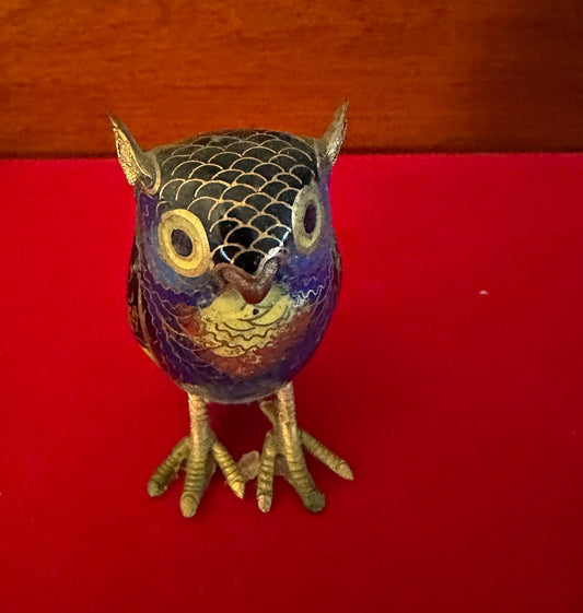 Antique Cloisonné Enamel Brass Owl Figurine: Cobalt Blue Decor