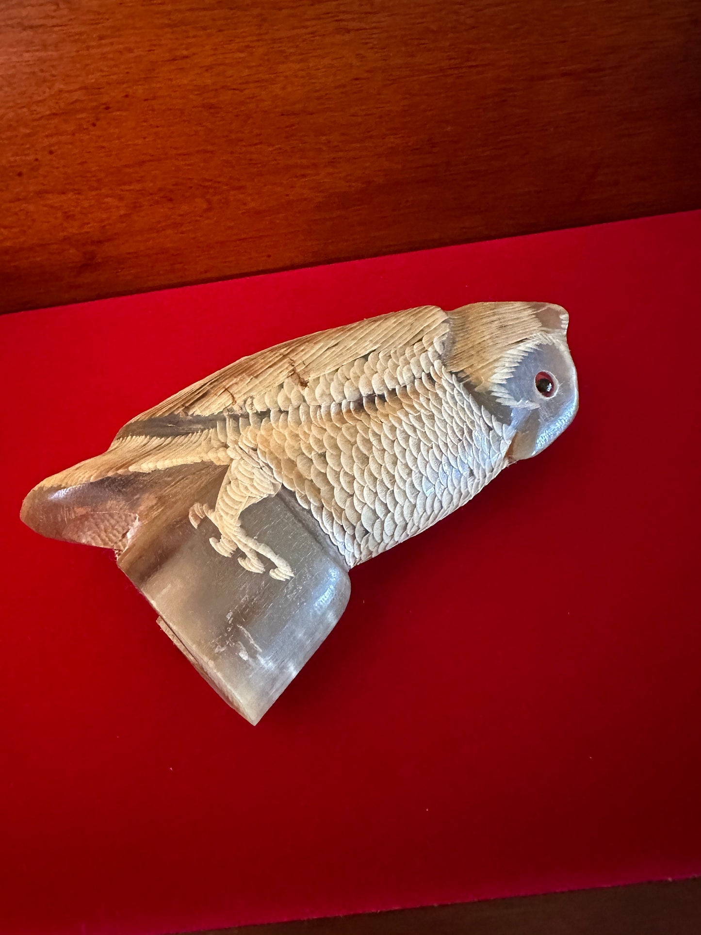 Vintage Hand Carved Horn Owl Figurine: Painted Owl Sculpture