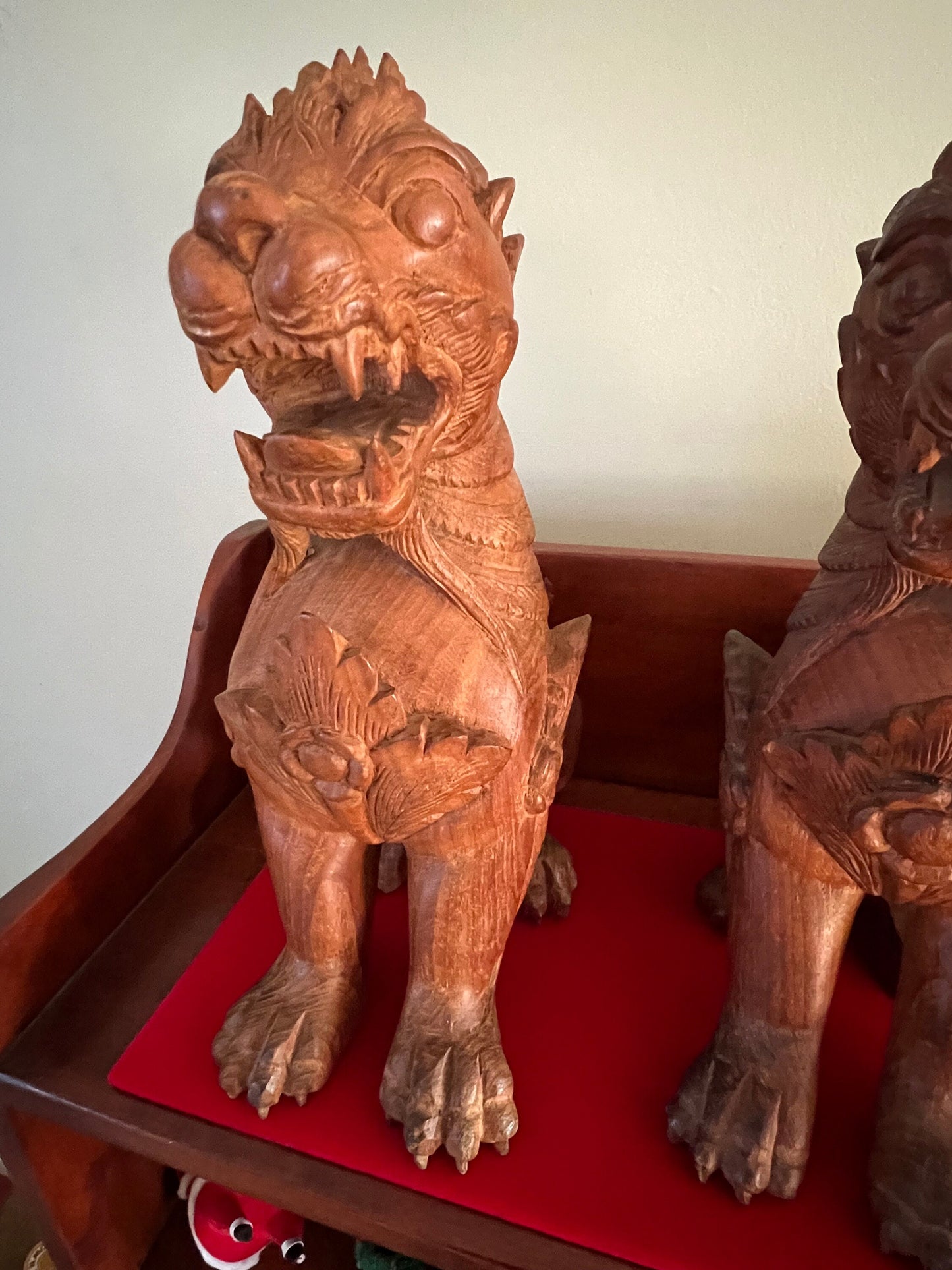 Vintage Carved Teak Foo Dogs: Hong Kong Statues, Set of 2