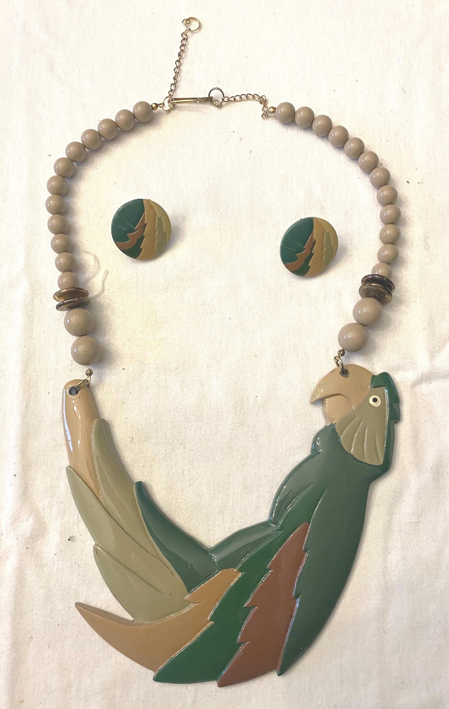 Parrot Figural BIB & Beaded Statement Resin Necklace and Matching Earrings Jewelry Unique Gifts