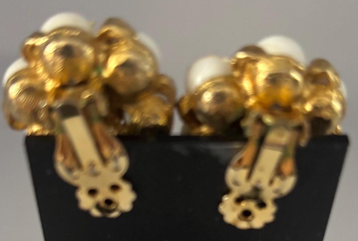 Vintage White & Gold Cluster Clip On Earrings Lover Antiques and Vintage