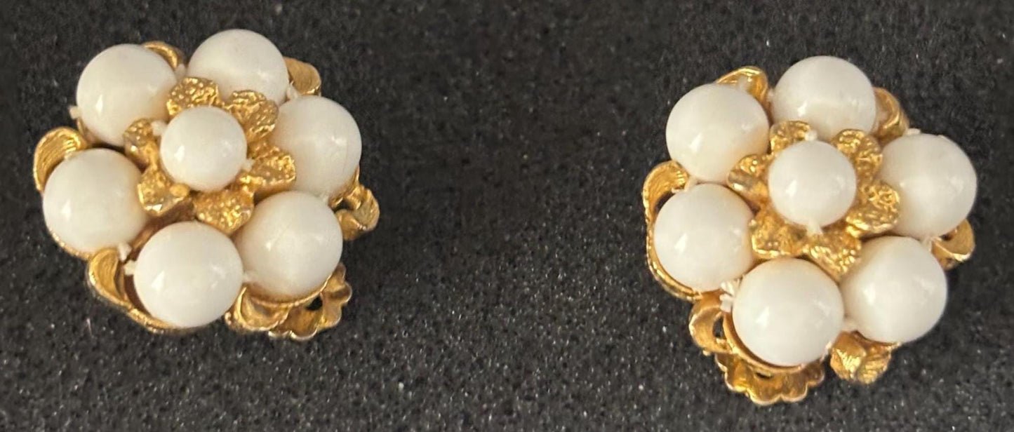 Vintage White & Gold Cluster Clip On Earrings Lover Antiques and Vintage