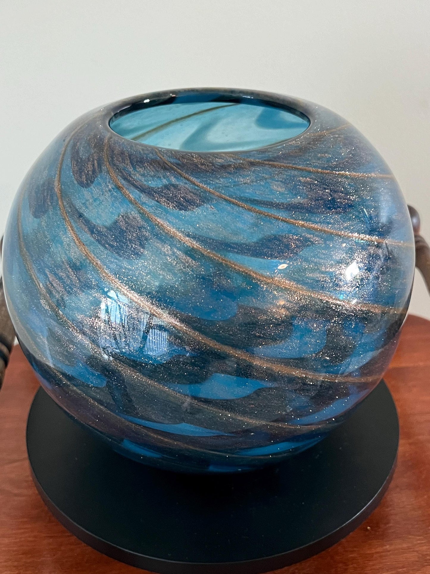 Vintage Murano Blue Glass Vase: Fratelli Toso Style, Aventurine Bronze
