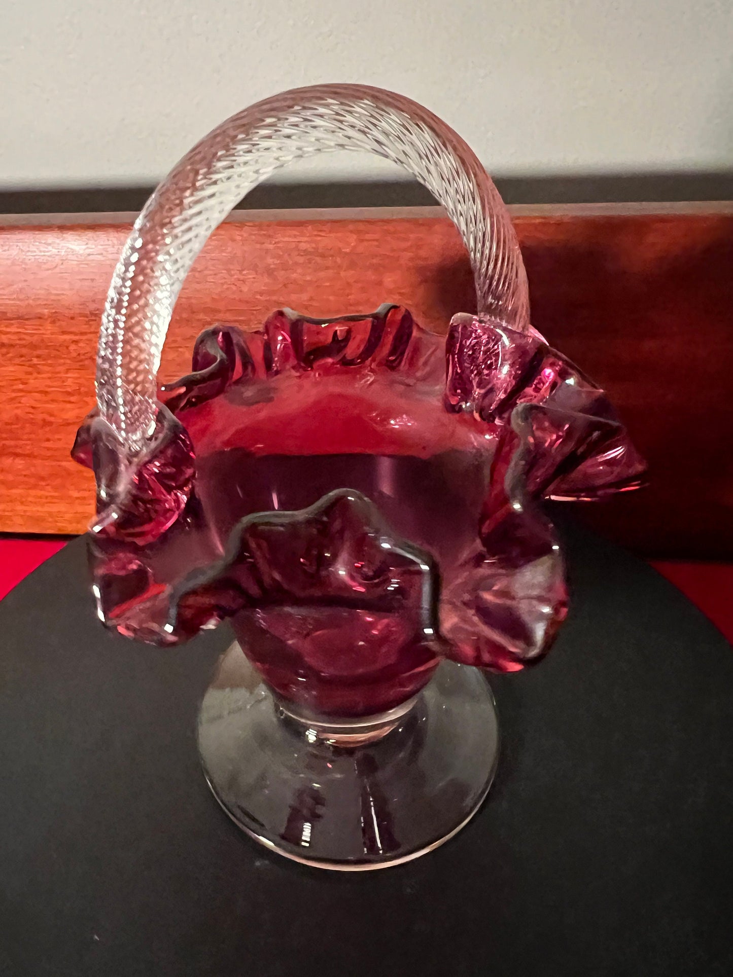 Vintage Fenton Cranberry Glass Ruffled Basket with Handle