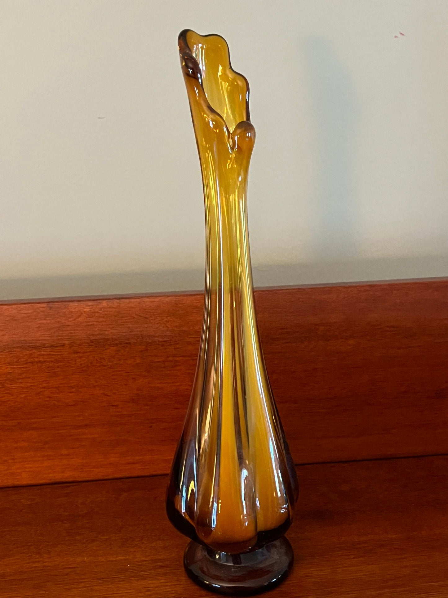 Vintage Italian Amber Swung Glass Vase: Mid-Century Pedestal Vase