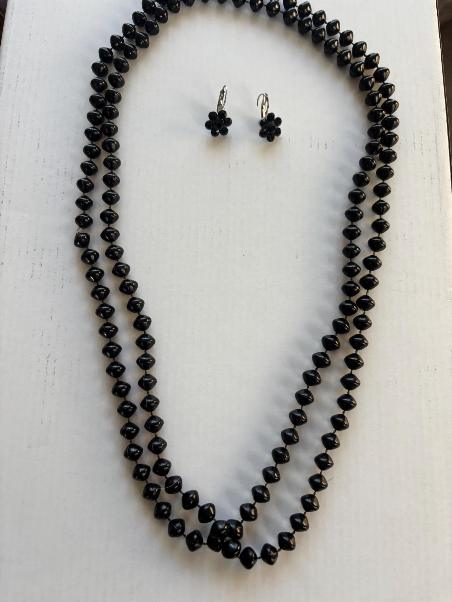 Vintage Long Black Beaded Necklace and Matching Earrings Lover Antiques and Vintage