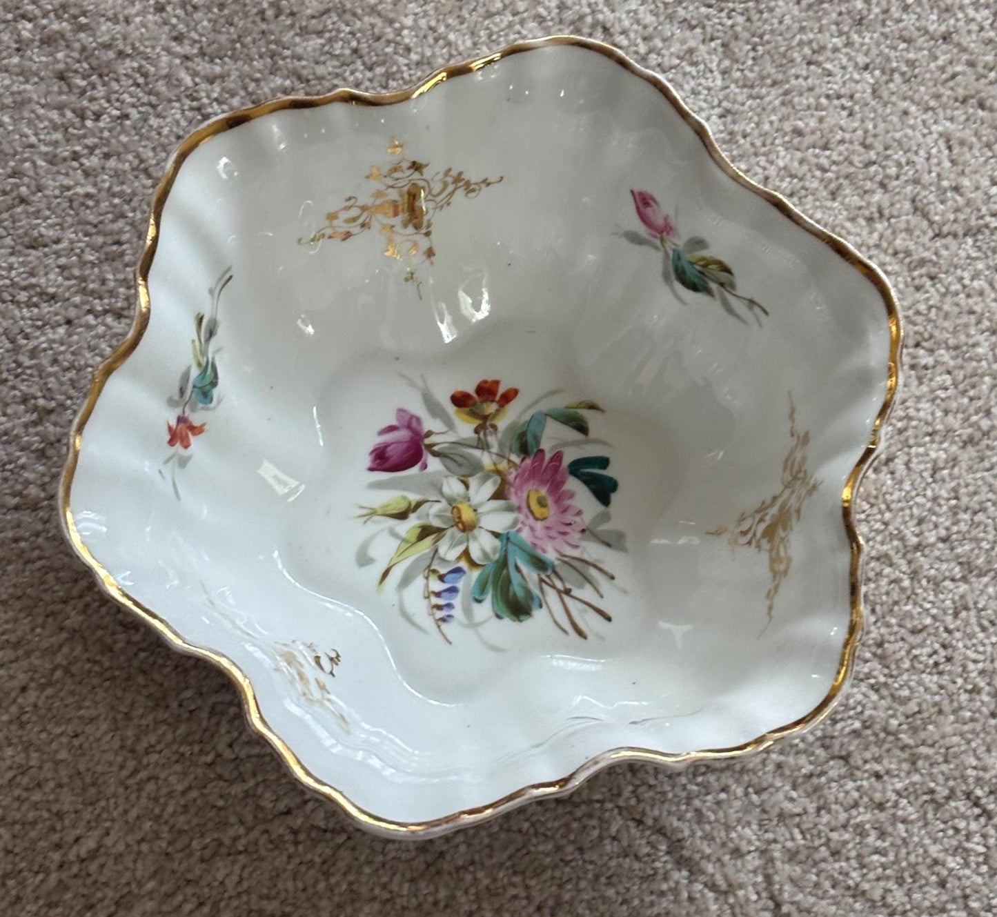 Antique German Dresden Scalleoped With Gold Trim, Ruffled Serpentine Floral Butterfly Bowl, Gold Gilded Plate, Lover Antiques and Vintage