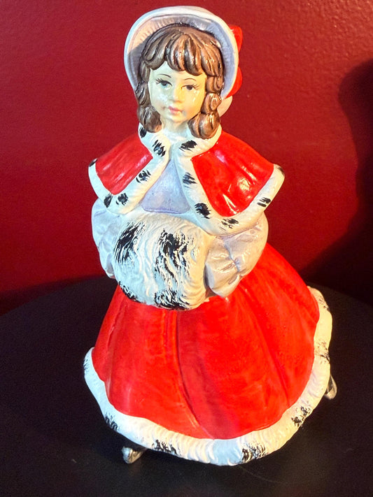 Vintage Ceramic Christmas Caroler Woman Figurine Red Cloak Made in Japan Holiday Decor
