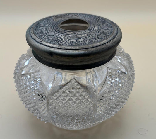 Antique Victorian Cut Crystal Hair Receiver Jar Sterling Silver Lid Lover Antiques and Vintage