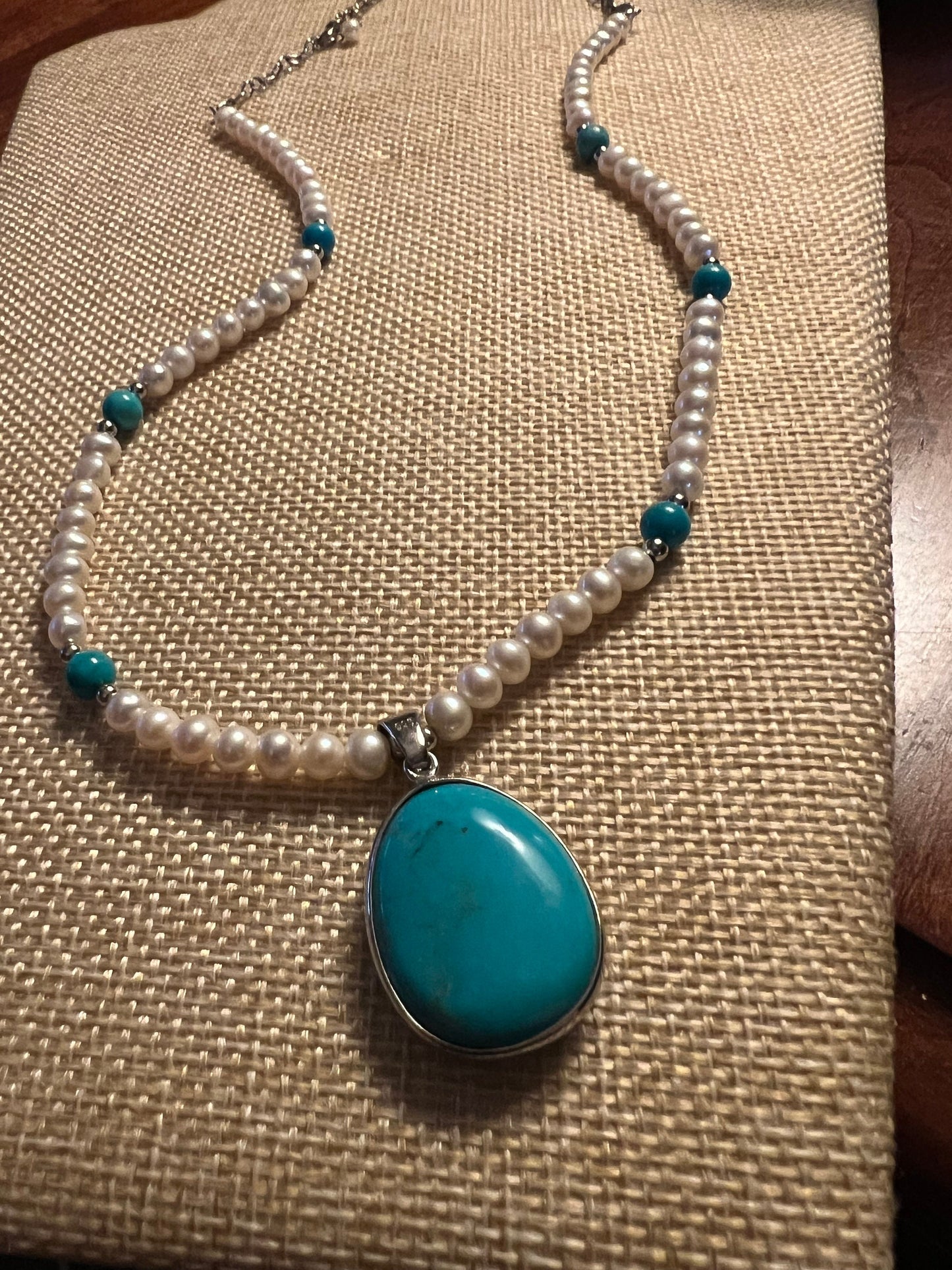 Vintage Sterling Silver Turquoise Pendant Pearl Beaded Necklace
