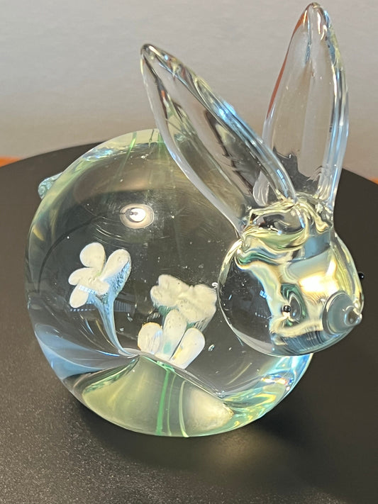 Vintage Glass Rabbit Paperweight: Floral Art Glass