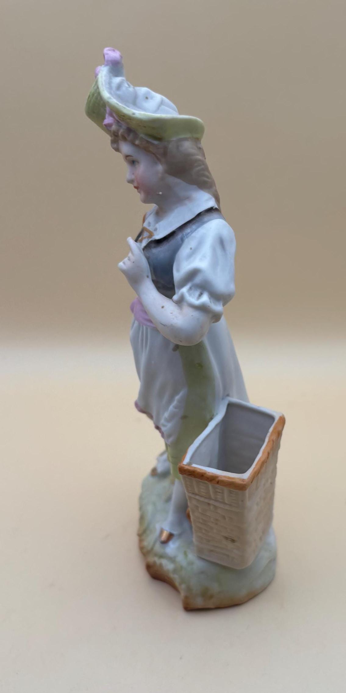 Antique Meissen Porcelain Woman with Broom and Flower Basket Statue Germany Hand Painted Figurine Lover Antiques and Vintage