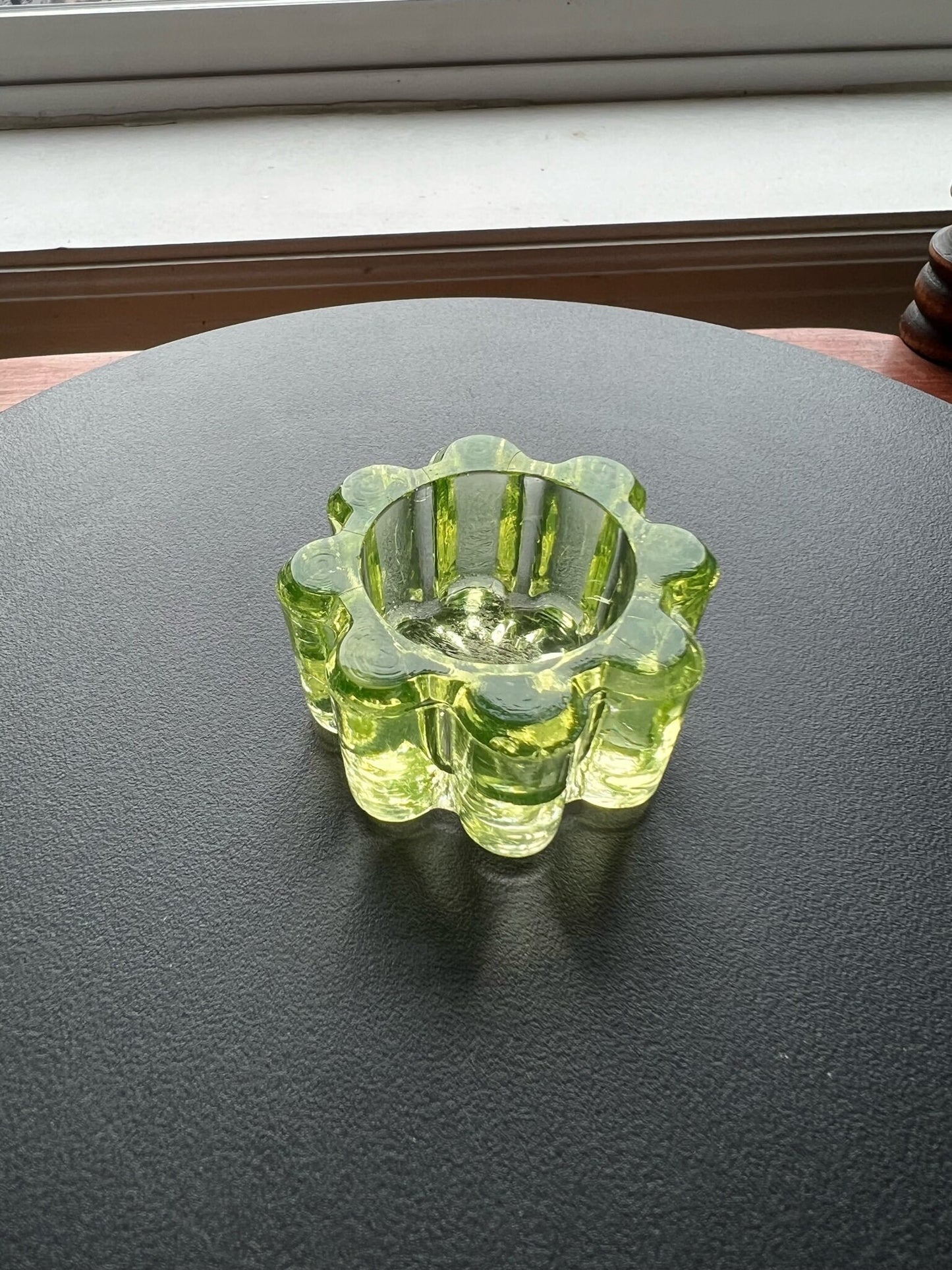 Vintage Yellow Green Flower Salt Dish Vaseline Glows Mini Cut Glass Figurine Uranium Toothpick Holder, Container Lover Antiques and Vintage