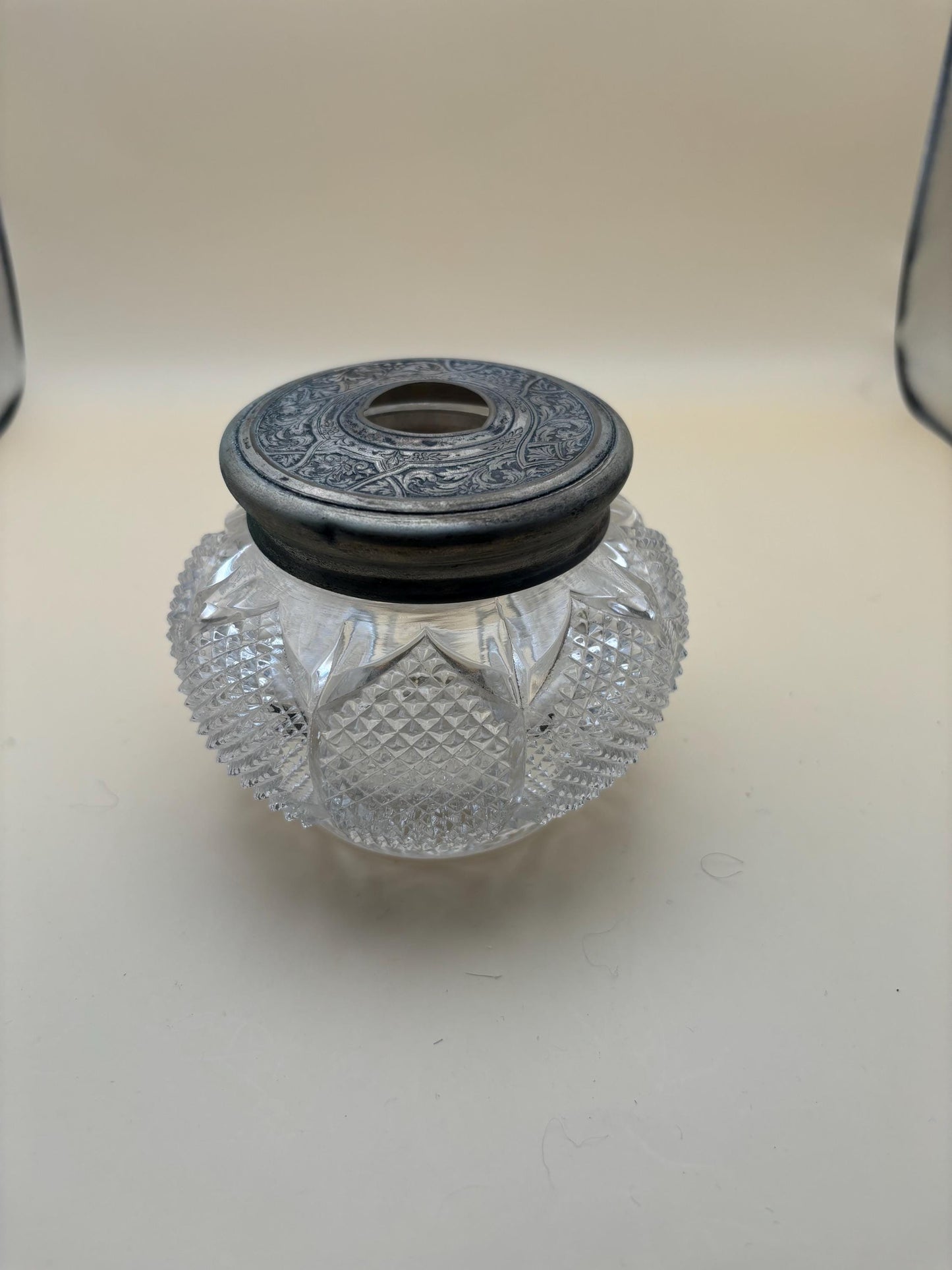 Antique Victorian Cut Crystal Hair Receiver Jar Sterling Silver Lid Lover Antiques and Vintage
