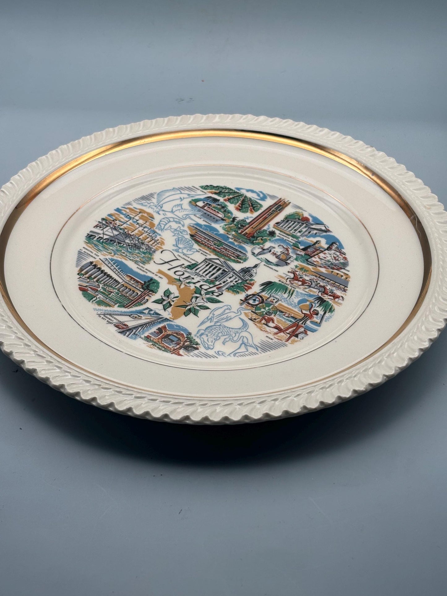 Florida Souvenir 10" Large Plate, Mid Century Florida Landmarks, Ruffled Gold Edge, Lover Antiques and Vintage