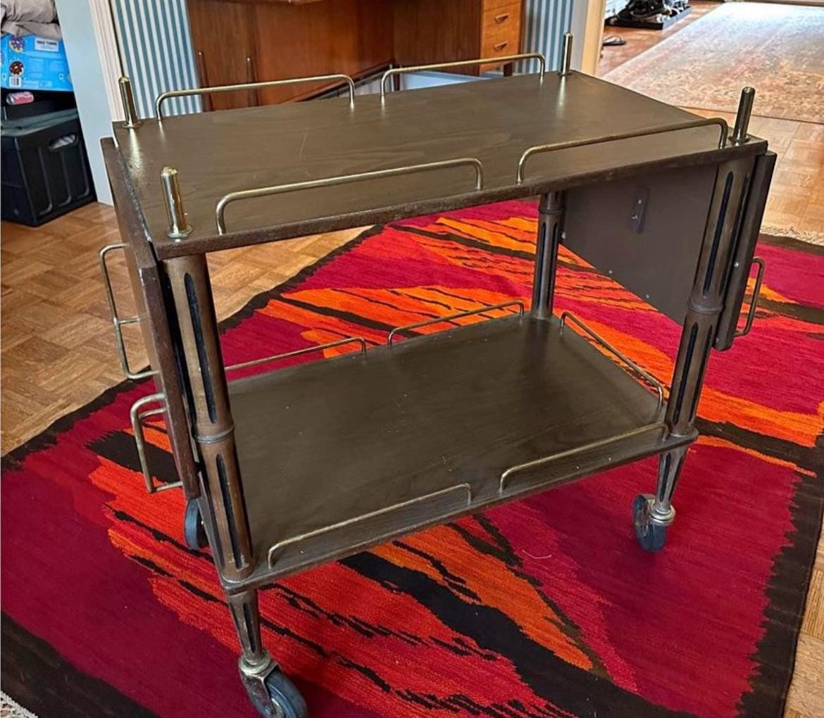 Vintage Mid Century Modern Drop Down Leaf Rolling Cart with Brass Trim Rolling Bar Cart Lover Antiques and Vintage