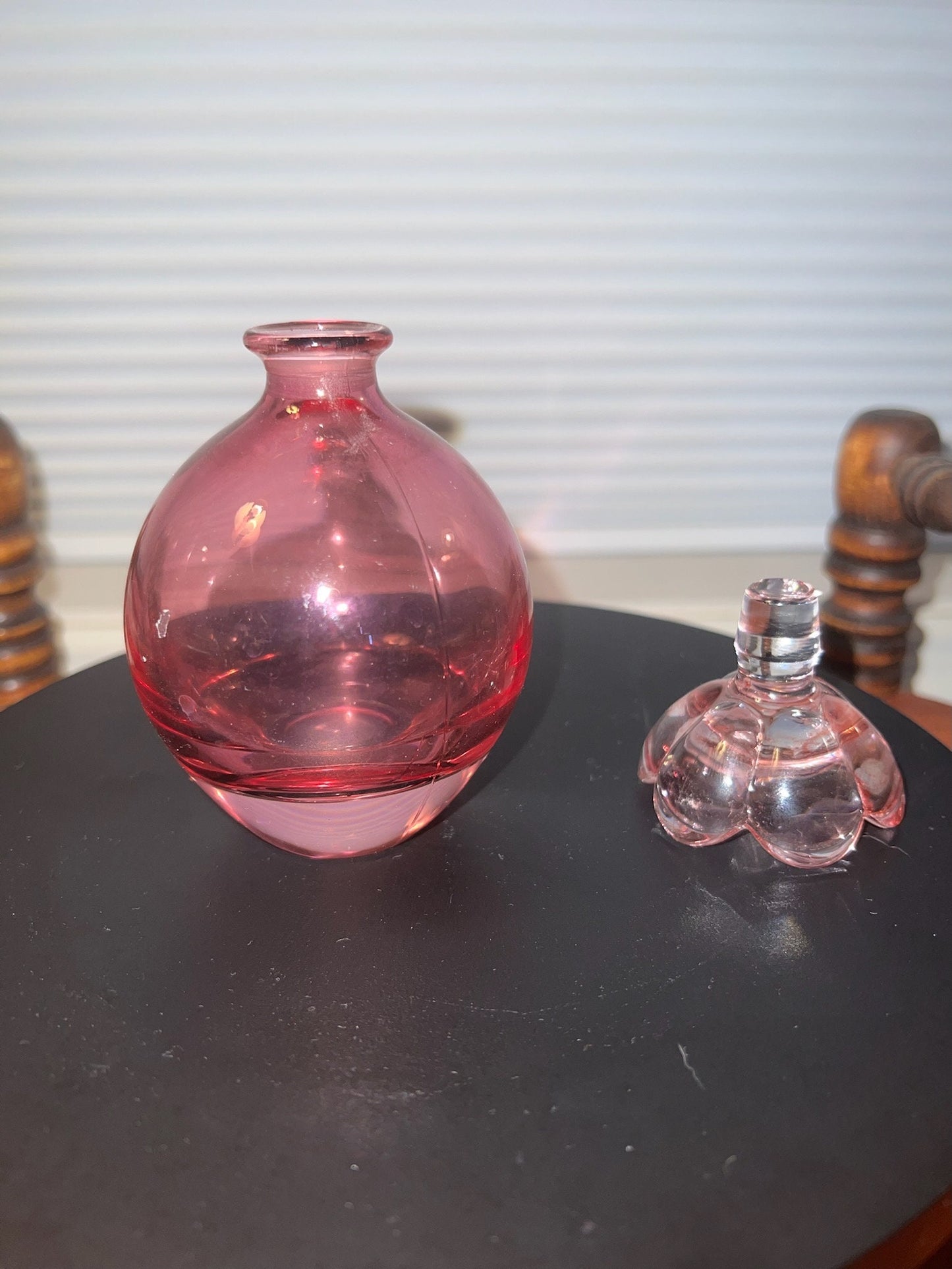 Vintage Cranberry Glass Decanter: Pink Flower Stopper, Art Glass Bottle