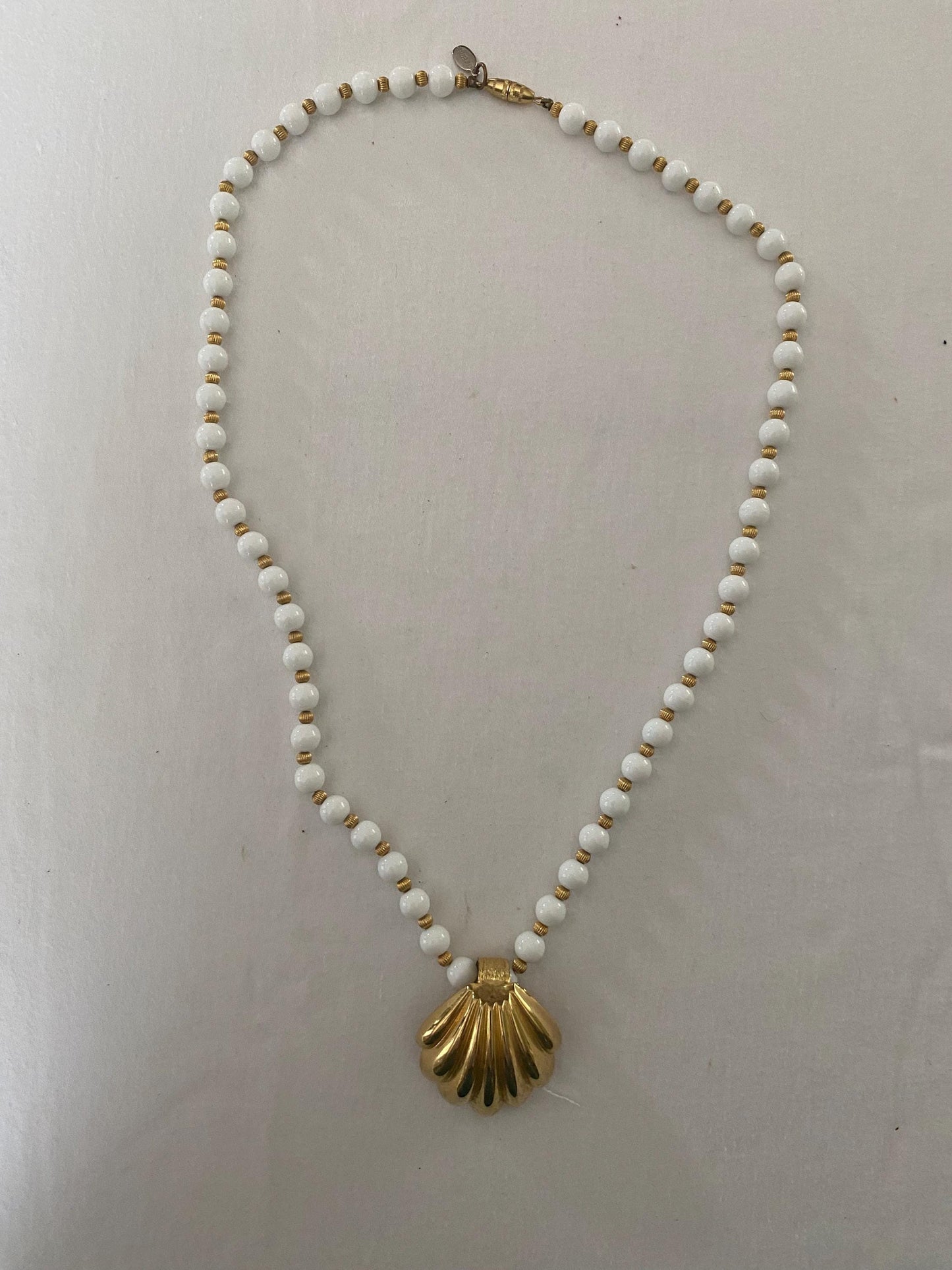Vintage Gay Boyer Necklace, Shell and White Bead Necklace, Unique Gift for Her