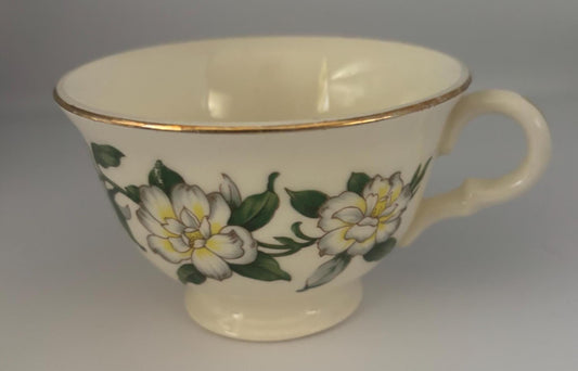 Homer Laughlin Eggshell Georgian Cotillion Teacup with Gold Trim, White Floral Magnolia Pattern