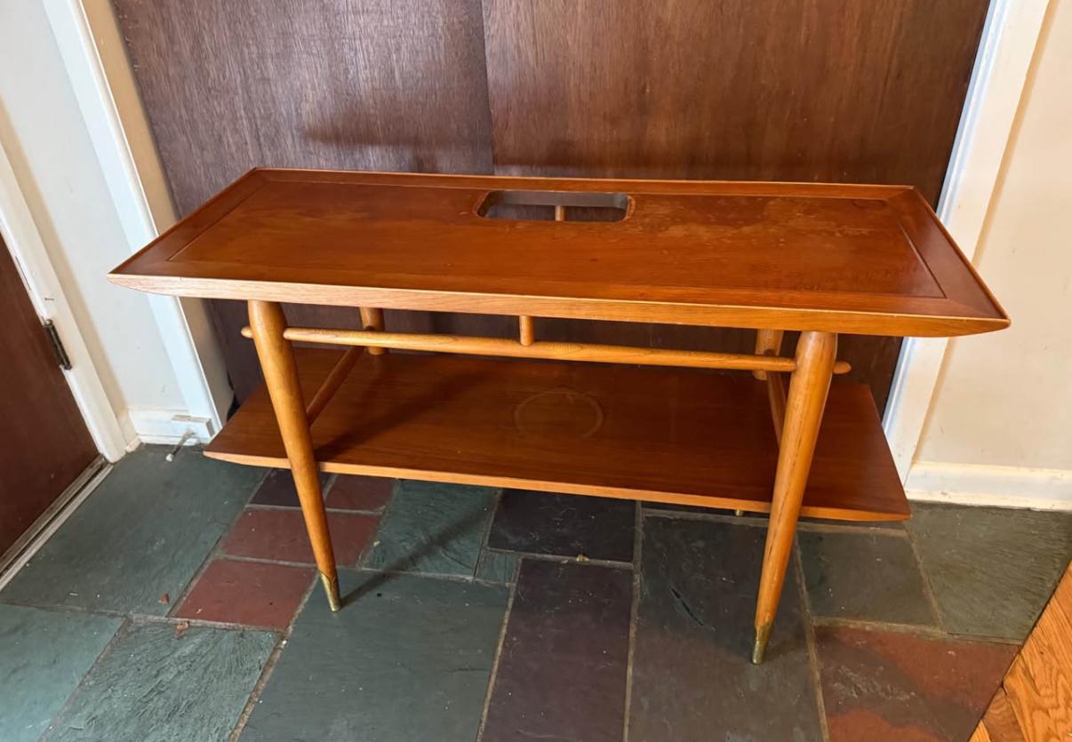 Lane Copenhagen Mid Century Modern Walnut Console Table, Tapered Legs with Brass Tips & a Cut Out, Lover Antiques and Vintage