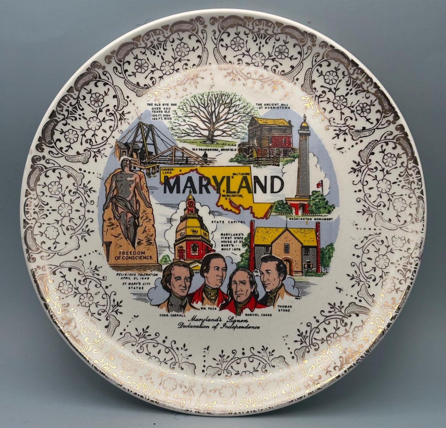 Mid Century Maryland Souvenir Collector Plate, Landmarks Figures, Lover Antiques and Vintage