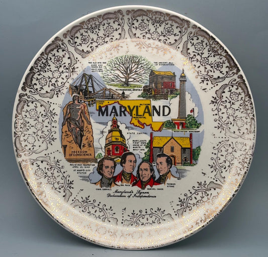 Mid Century Maryland Souvenir Collector Plate, Landmarks Figures, Lover Antiques and Vintage