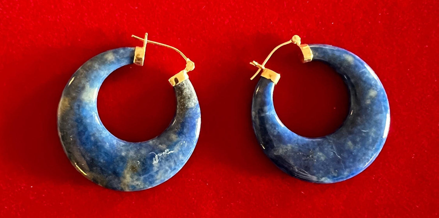 Vintage 14K Gold Lapis Hoop Earrings, Yellow Gold Jewelry