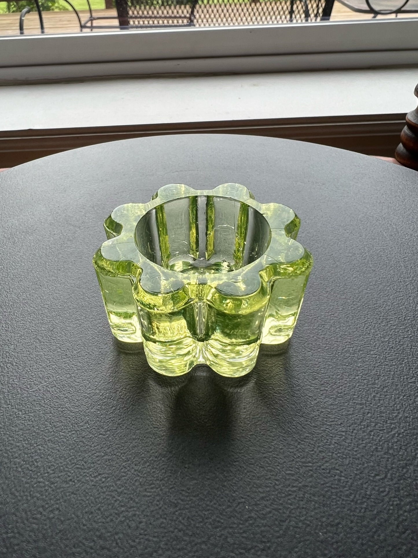 Vintage Yellow Green Flower Salt Dish Vaseline Glows Mini Cut Glass Figurine Uranium Toothpick Holder, Container Lover Antiques and Vintage