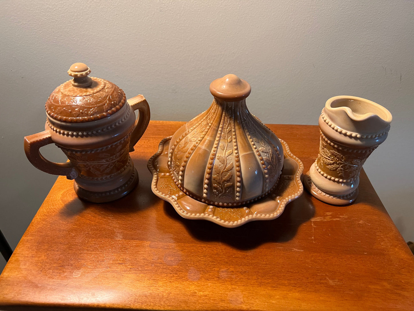 Vintage Summit Art Chocolate Slag Glass Butter Dish, Sugar, Creamer Set