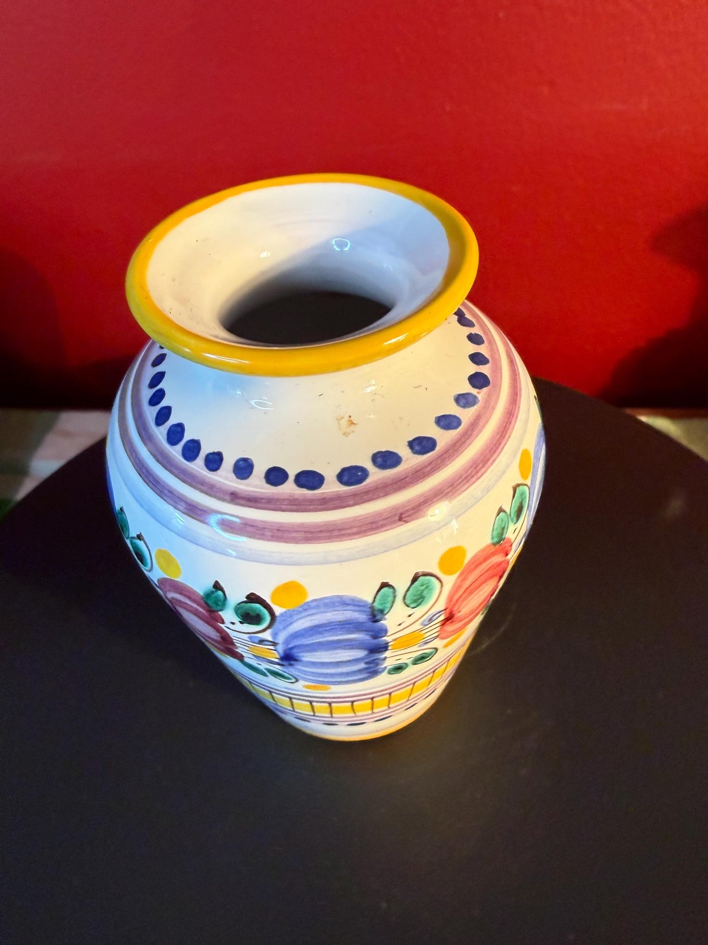 Vintage Modra Slovak Folk Art Mini Vase: Hand-Painted Majolika Pottery, 3 Inch Cream Yellow Blue