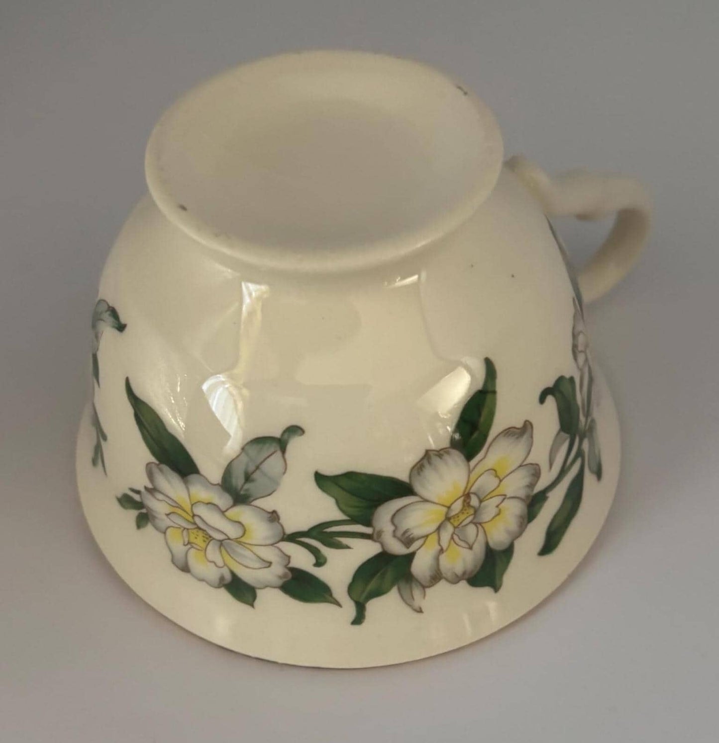 Homer Laughlin Eggshell Georgian Cotillion Teacup with Gold Trim, White Floral Magnolia Pattern