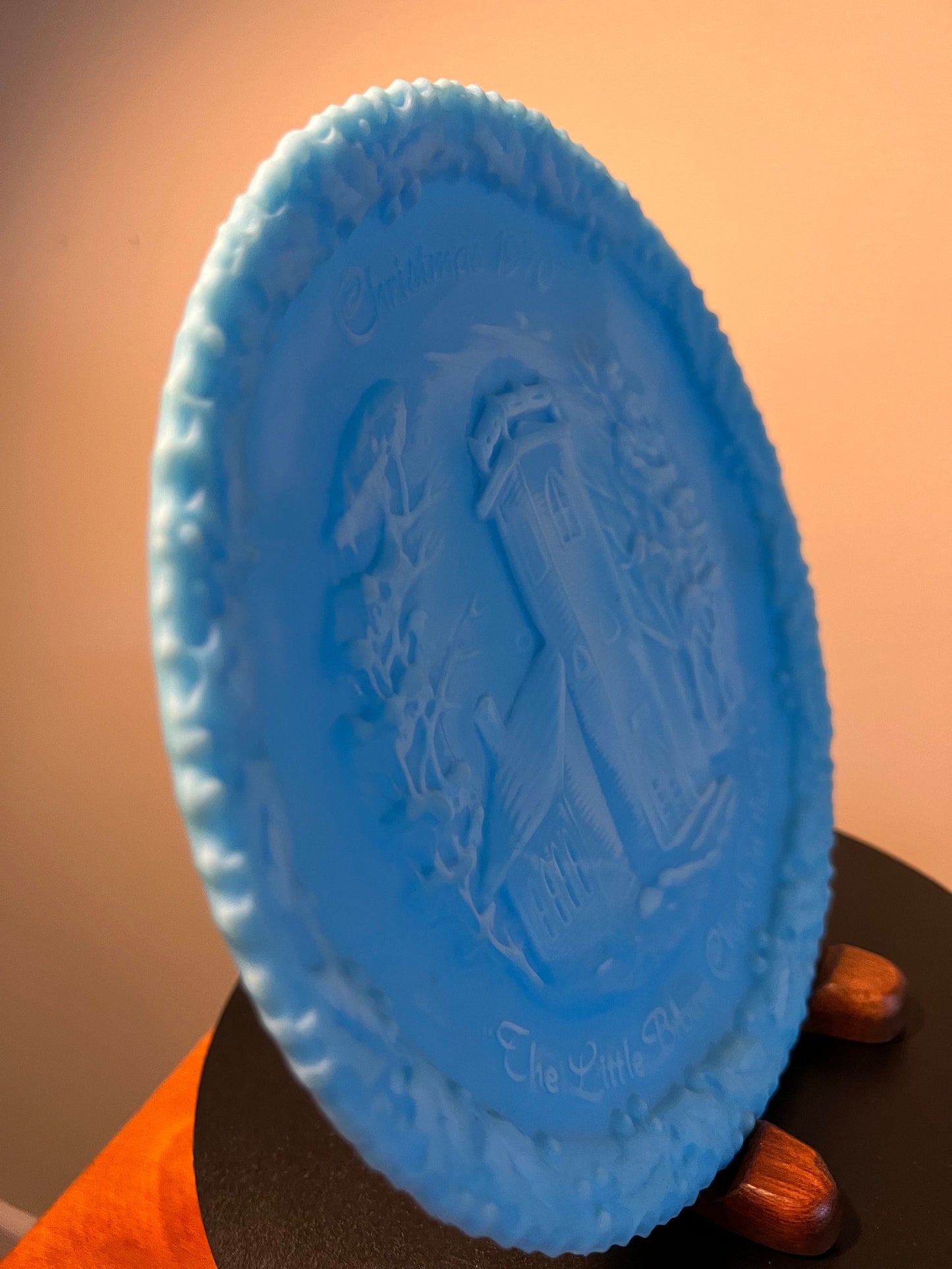 Vintage Fenton Blue Satin Plate: Christmas 1970, Little Brown Church