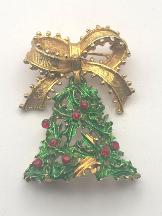 MYLU Christmas Bell Tree Brooch, Enamel Colorful Holiday Pin, Red Rhinestone Holiday Jewelry