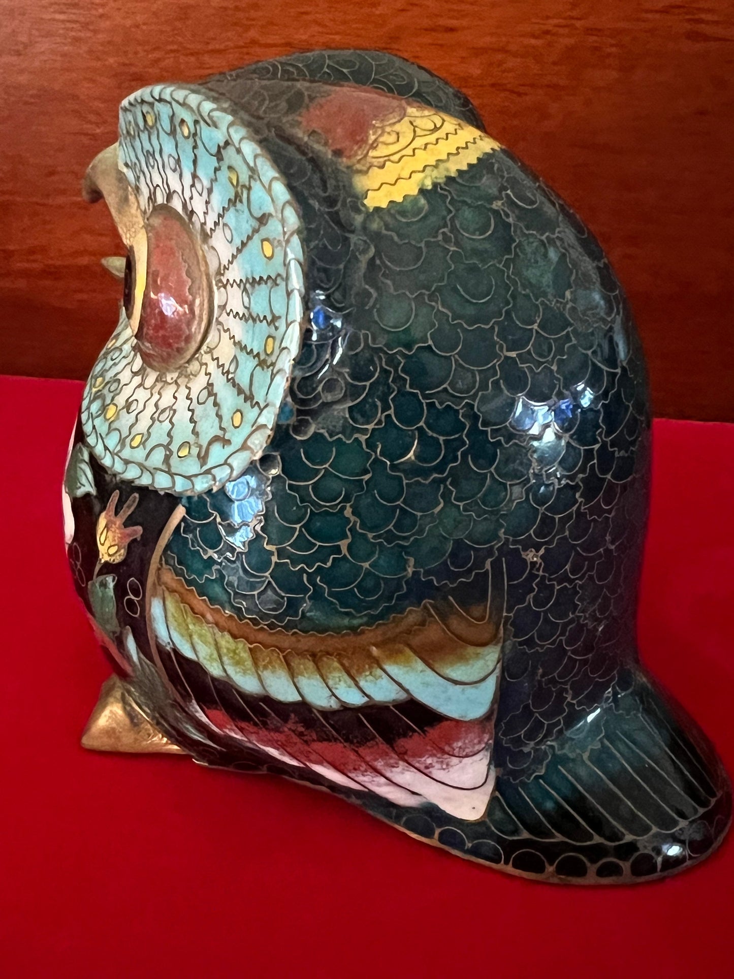 Vintage Cloisonné Enamel Owl Figurine: Cobalt Blue Brass Base