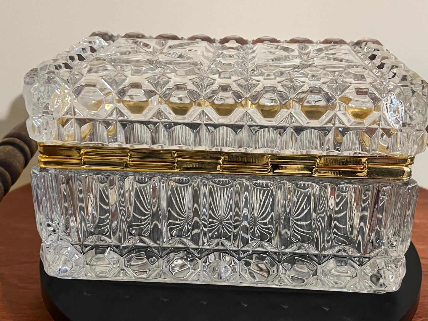Large French Crystal Brass Jewelry Casket Box Vintage Hand Cut Lead Crystal & Brass Hinged Trinket Box Lover Antiques and Vintage