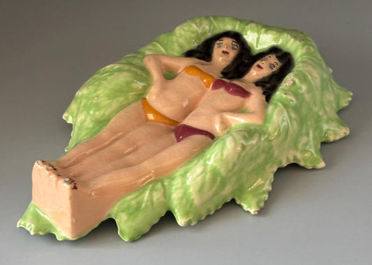 Vintage Majolica Ceramic Women in Swimsuits Dish, Reclining on Green Leaf Base, Decorative Art Piece, Lover Antiques and Vintage