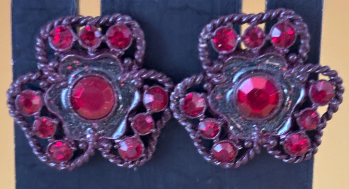 Vintage Judy Lee Ruby Red Flower Clip On Earrings