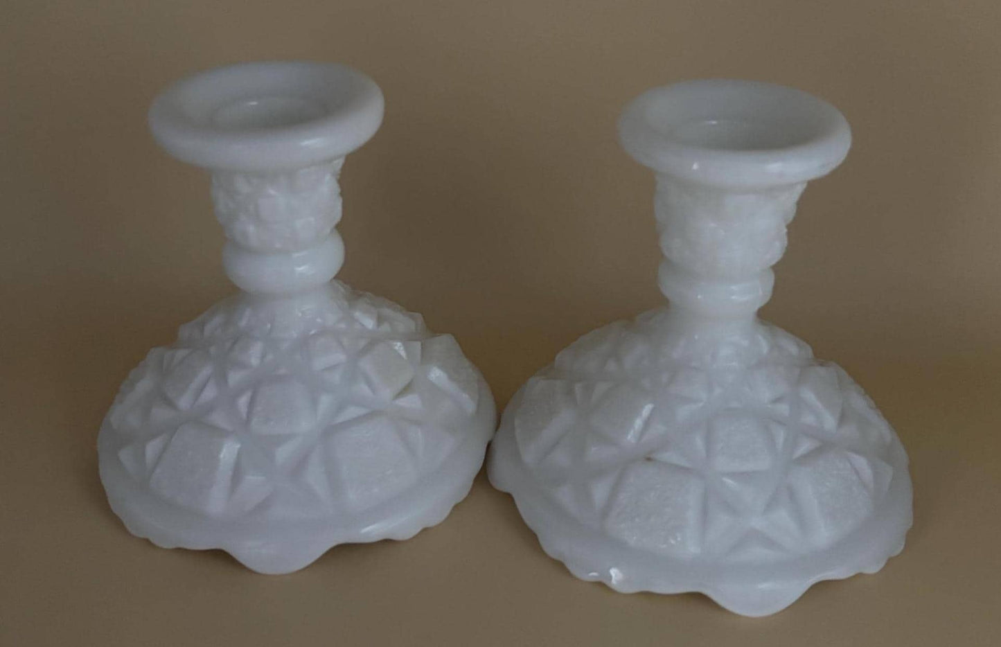 Vintage Westmoreland Old Quilt Milk Glass Pair of Candle Holders Lover Antiques and Vintage