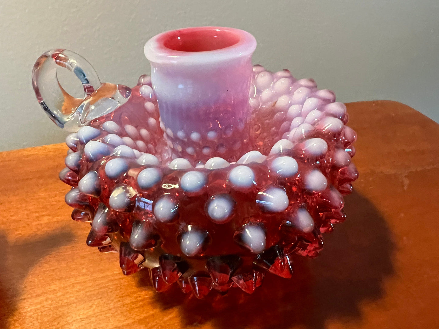 Vintage Fenton Cranberry Opalescent Hobnail Candleholder Pair Art Glass Pink Rose vintage