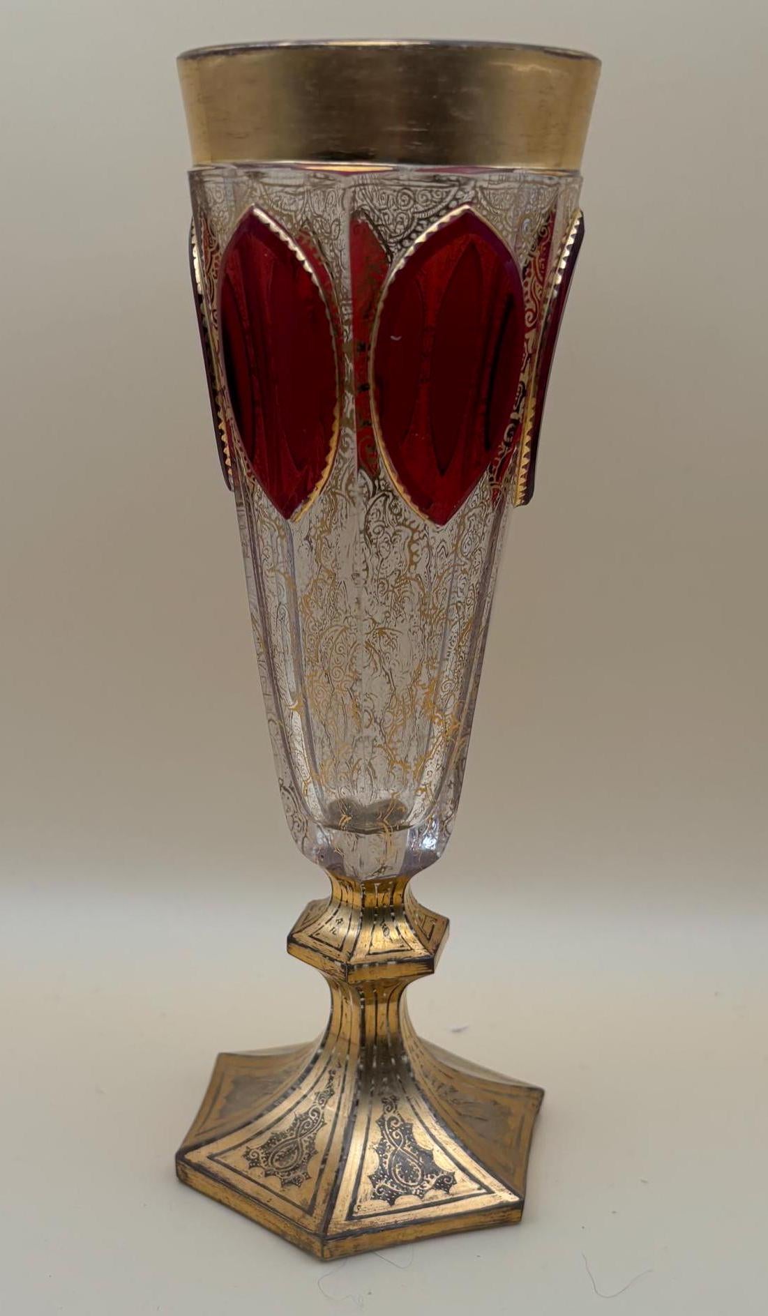 Antique Bohemian Cranberry Cut Cabochon Tall Vase with Gold Gilding Lover Antiques and Vintage