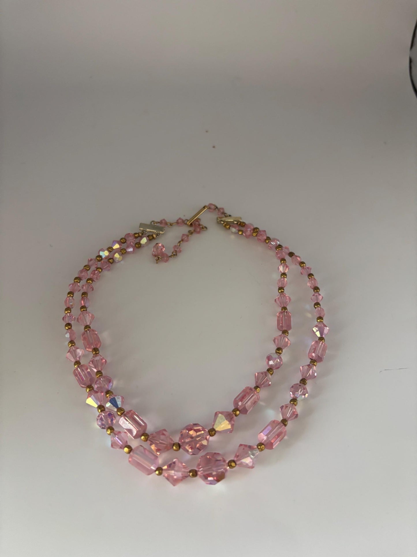 Vintage Pink Aurora Borealis Style Crystals & Gold Necklace Fringe Jewelry Lover Antiques and Vintage