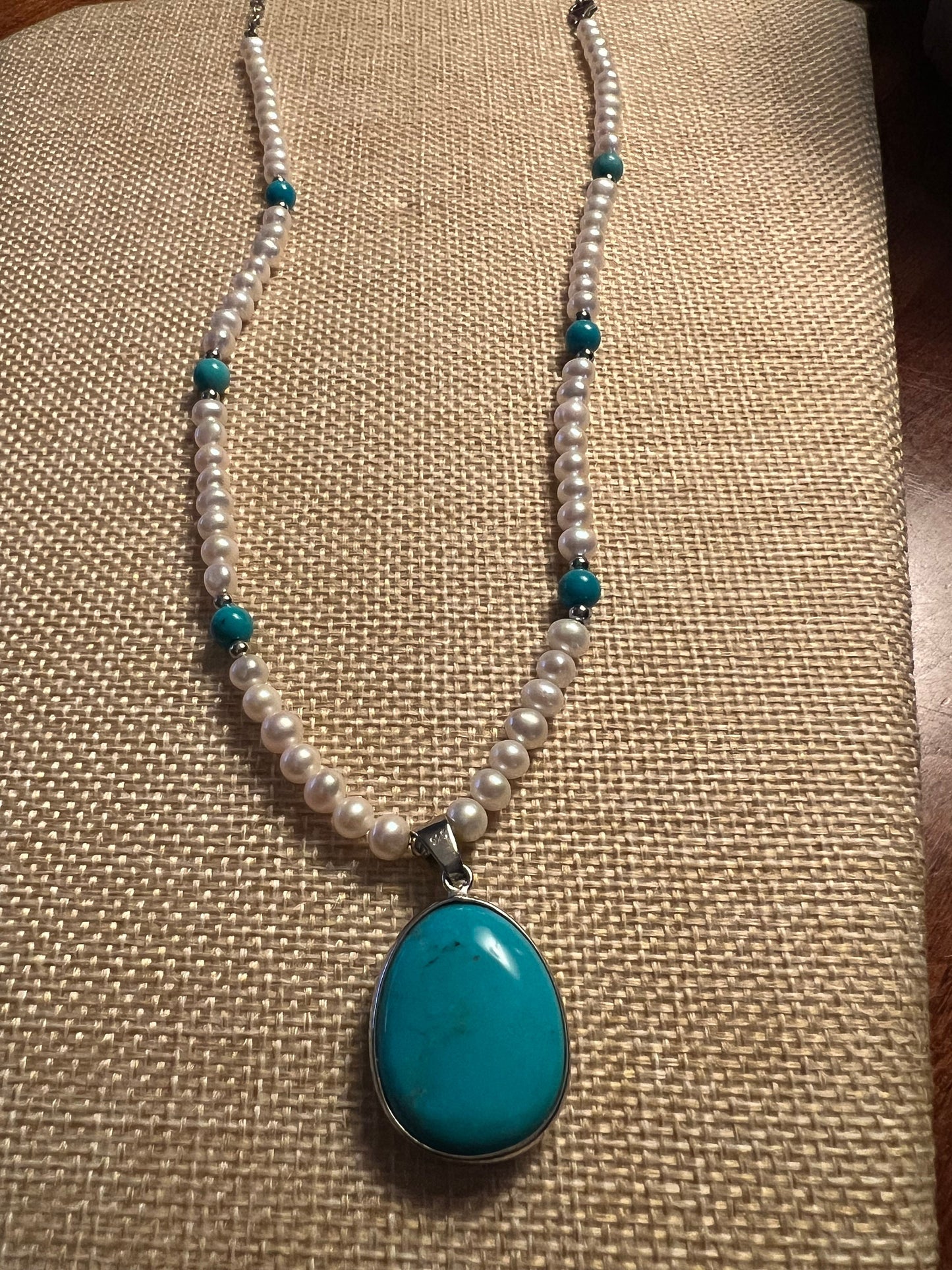 Vintage Sterling Silver Turquoise Pendant Pearl Beaded Necklace