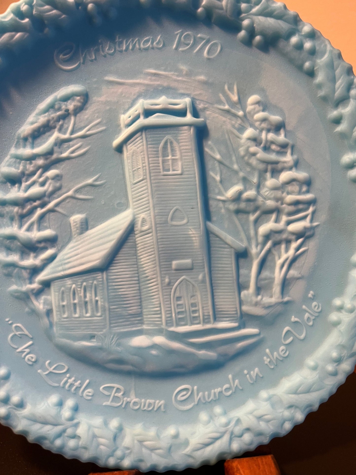 Vintage Fenton Blue Satin Plate: Christmas 1970, Little Brown Church
