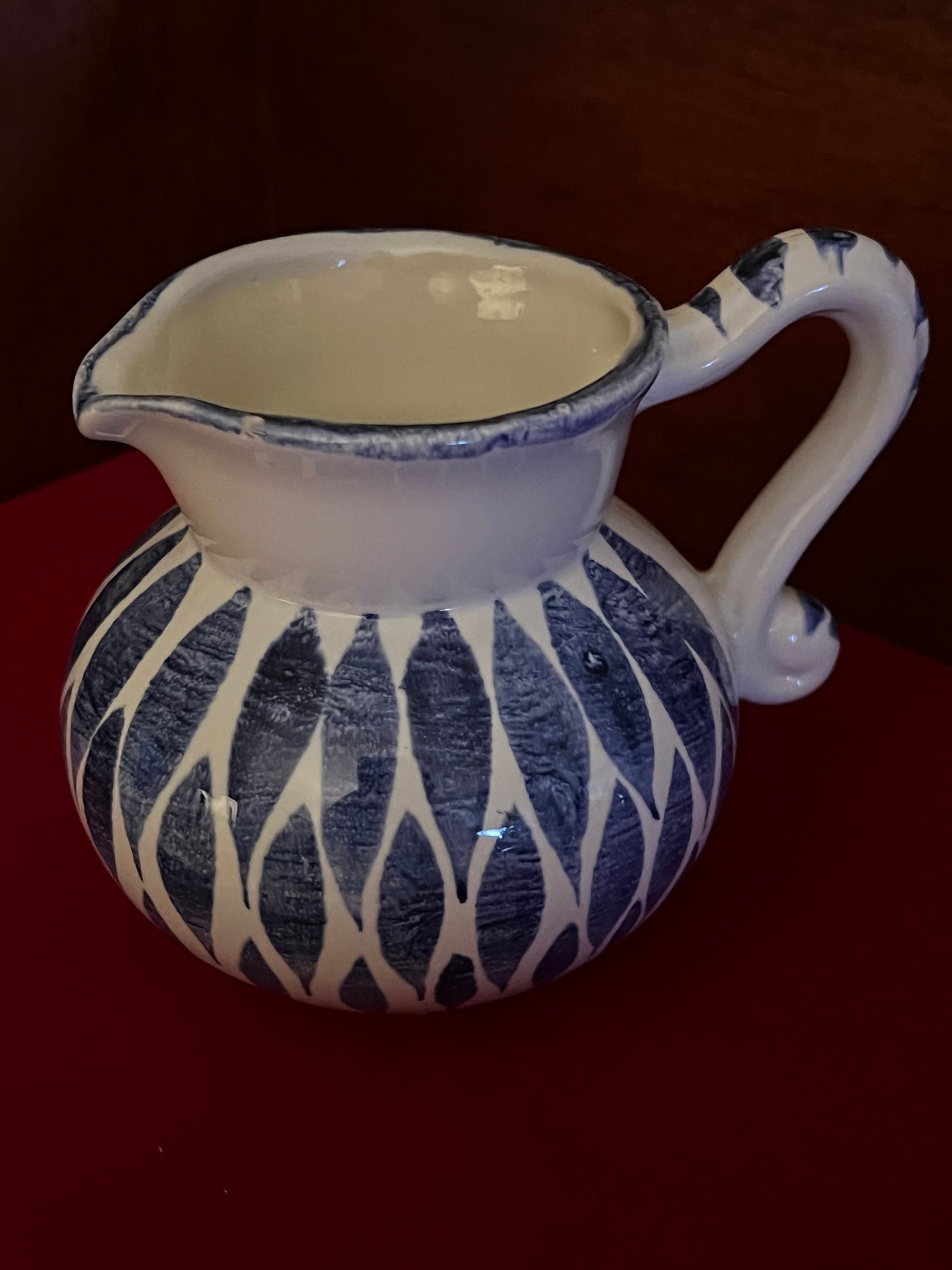 Ceramic Mini Pitcher with Blue Lattice Design, Mid Century Polka Dot Jug, Home Decor, Gift for Her