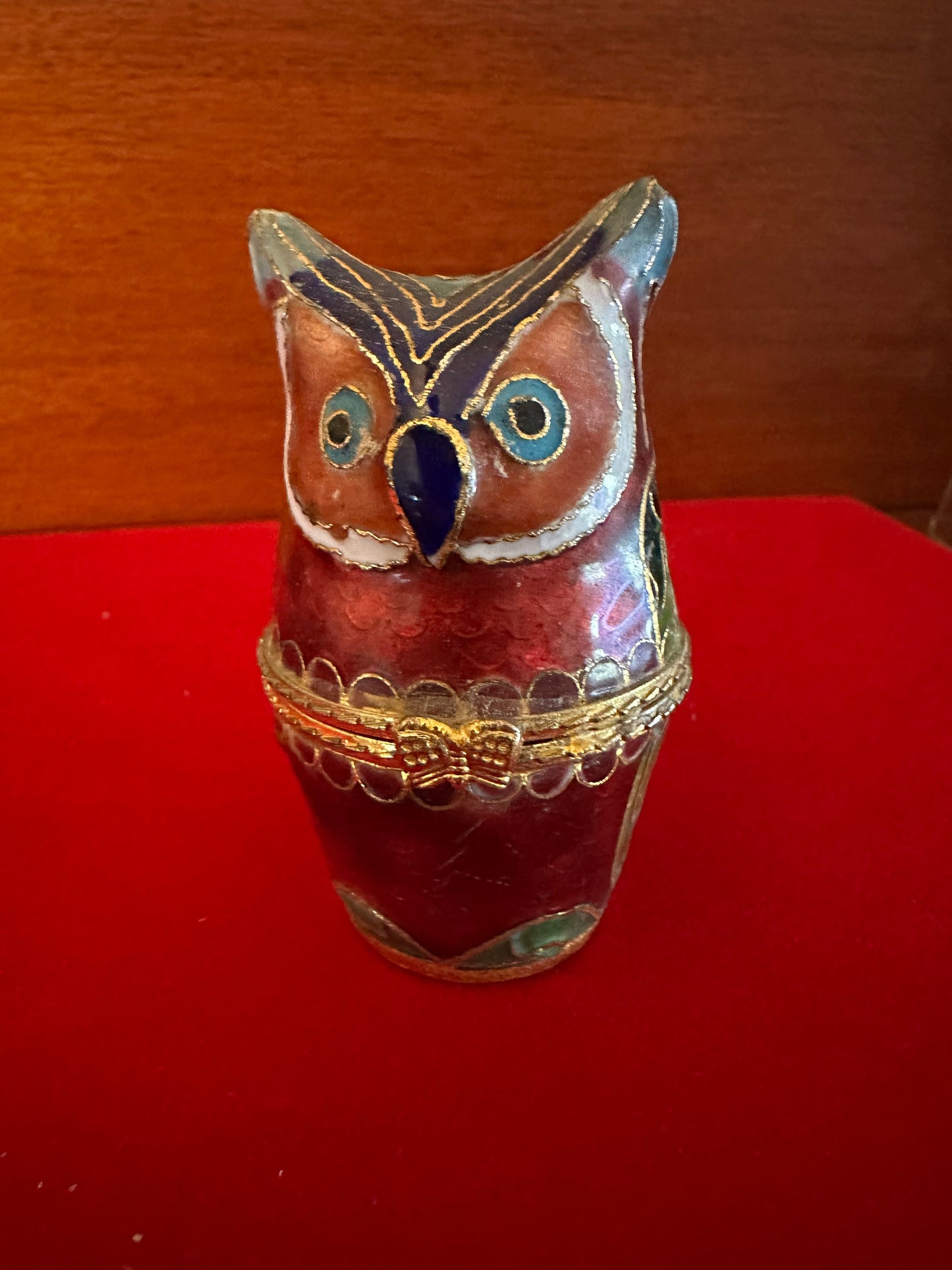 Vintage Cloisonné Owl Trinket Box: Red Enameled Brass Figurine