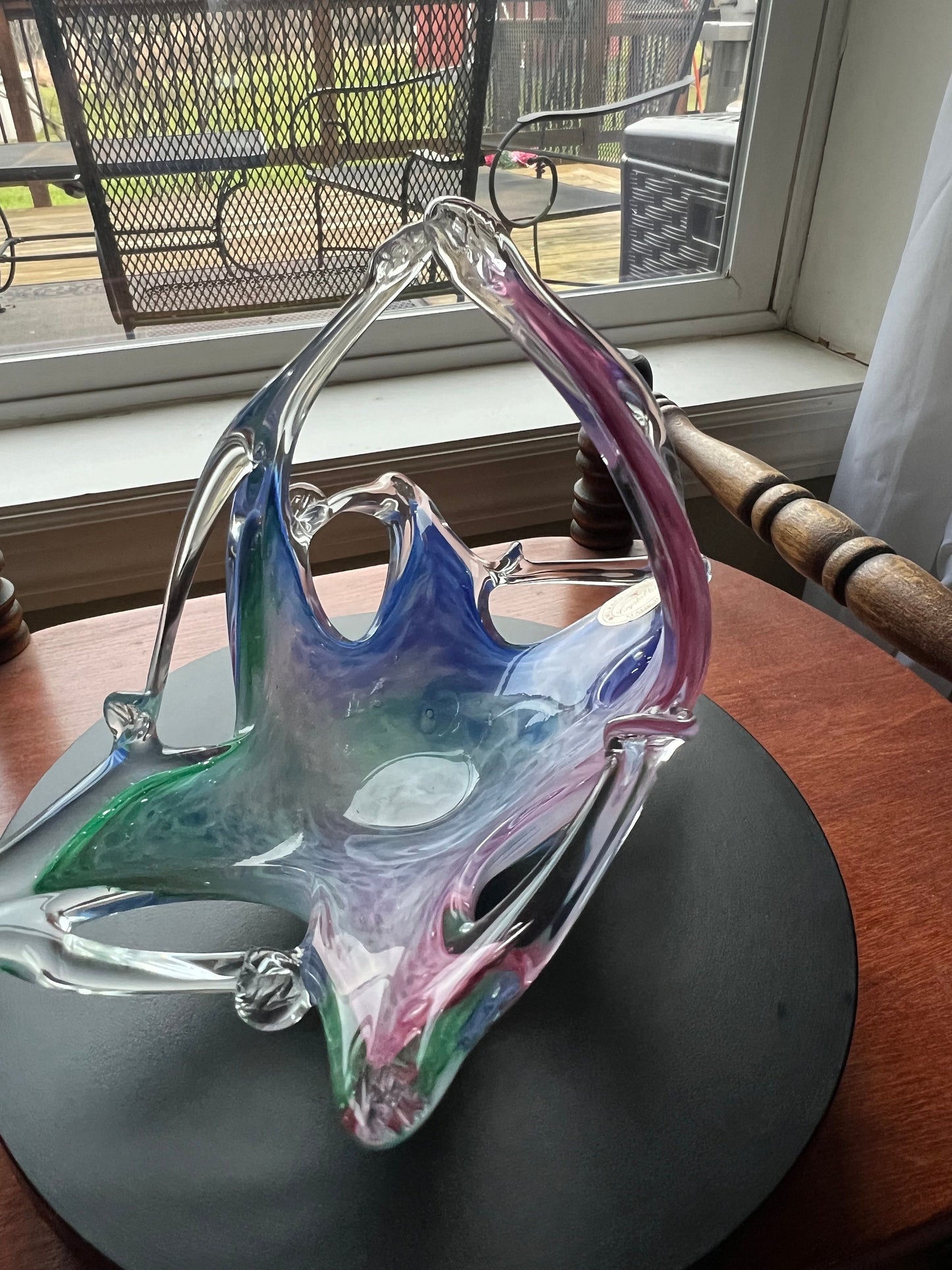 Vintage Murano Art Glass Basket Bowl: Lavorazione Blown Glass, Italy
