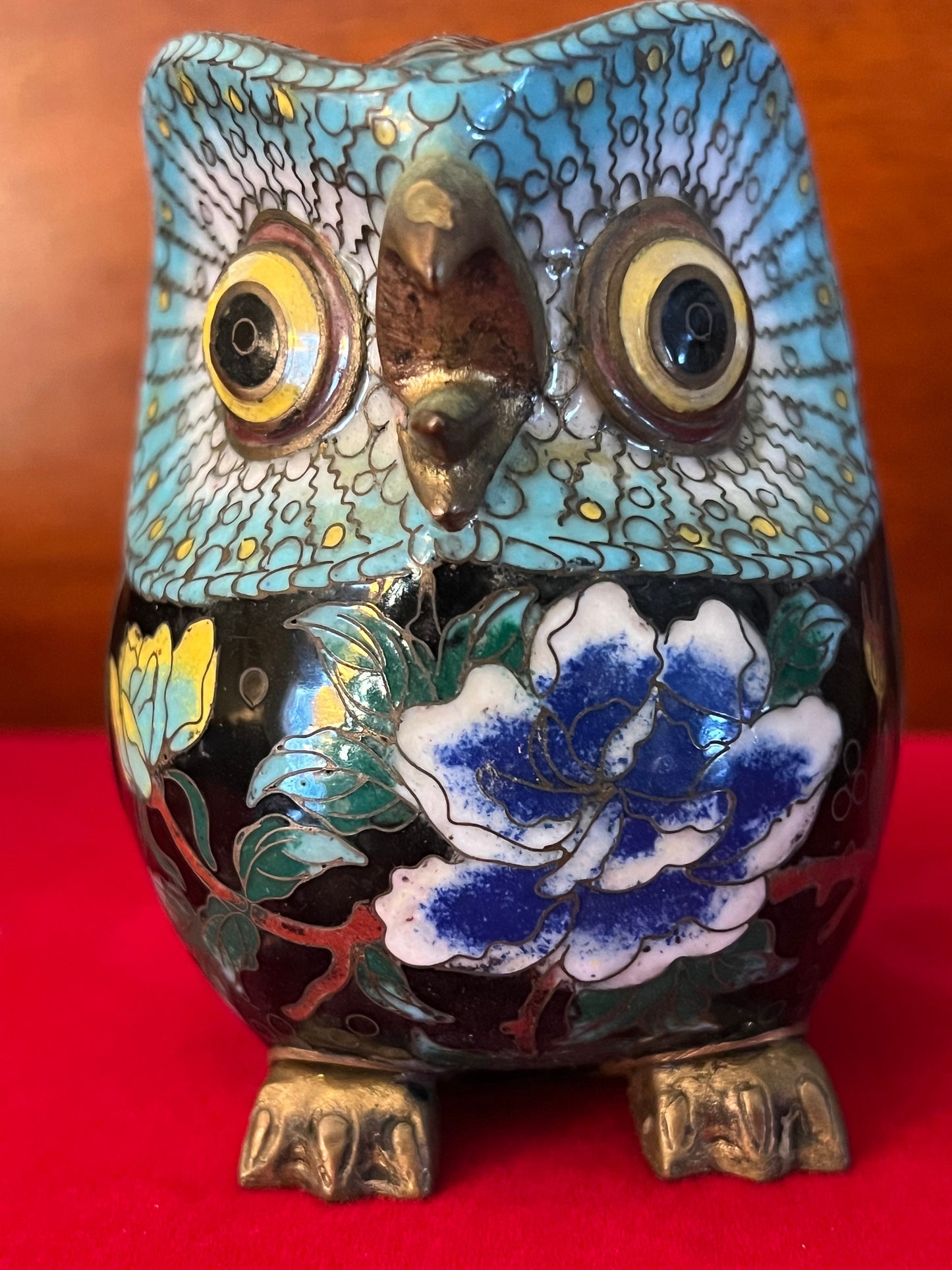 Vintage Cloisonné Enamel Owl Figurine: Cobalt Blue Brass Base
