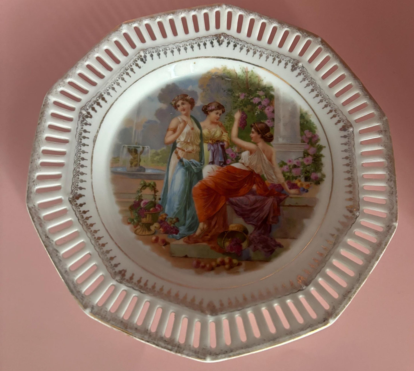 Vintage Porcelain Plate with Gold Trim Cut Out Plate By Carl Schumann Bavaria Greek Roman Mythology Scene Lover Antiques and Vintage