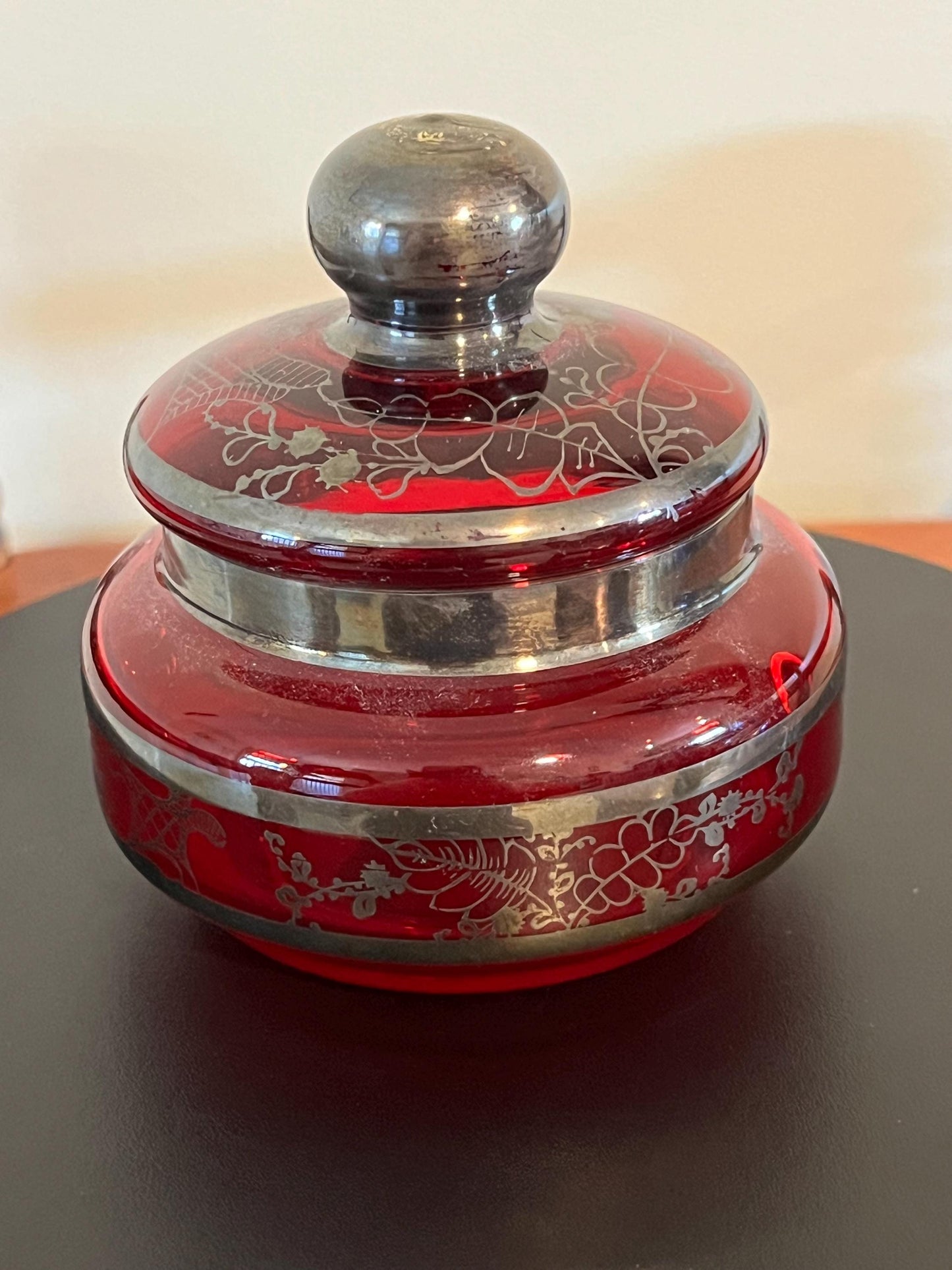 Vintage Ruby Red Glass Trinket Box: Bohemian Silver Gilding