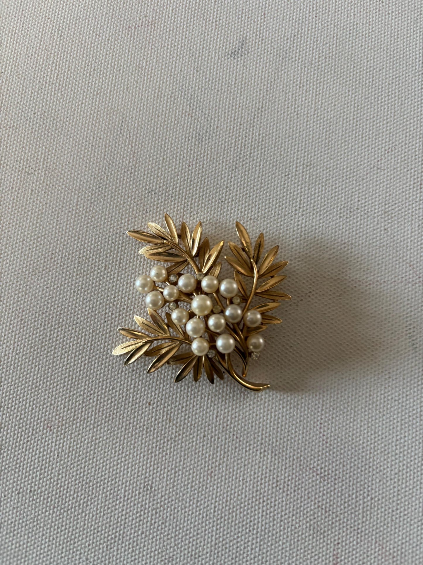 Vintage Crown Trifari Leaf Faux Pearl Brooch Gold Tone Pin Coat Pin Lover Antiques and Vintage